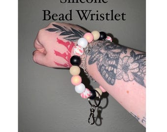 Silicone Beaded Keychain Wristlet- Pink Cow Print