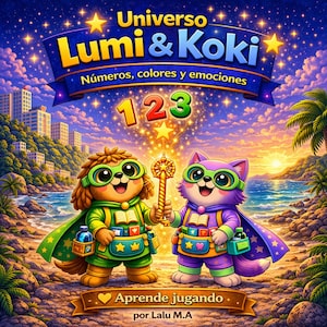 Puede incluir: Ilustración vibrante con los personajes de Lumi & Koki. La imagen muestra un perro y un gato, ambos con capas y sosteniendo una llave dorada. El texto "Universo Lumi & Koki" y "123" se muestran. El fondo representa una escena de playa con una puesta de sol.