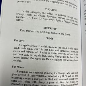 May include: Open book page with text about the Dilogg&uacute;n, oddus, and Chang&oacute;. The page includes instructions for rituals involving apples, cinnamon, honey, and pumpkins. The text is in black font.