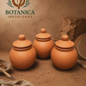 May include: Three terracotta clay pots with matching lids arranged in a cluster. The pots have a rounded body and a smooth, matte finish. Above the pots, the text BOTANICA IREORISHAS is displayed in green and brown with a horseshoe and nail logo.