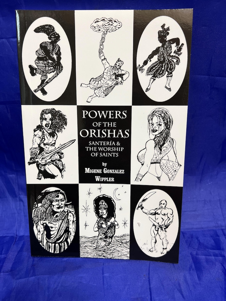 May include: A book titled "Powers of the Orishas, Santer&iacute;a & The Worship of Saints" by Migene Gonzalez Wippler. The cover features black and white illustrations of figures in oval frames against a black and white checkerboard background.