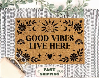 Good Vibes Live Here Doormat, Boho Folk Art Coir Welcome Mat, Positive Home Decor