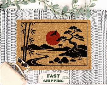Asian Inspired Coir Doormat Japandi Zen Garden Bonsai Welcome Mat Japanese Decor