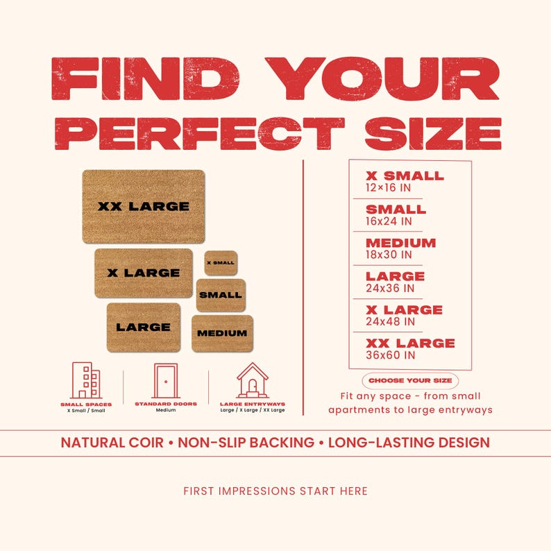 K&ouml;nnte beinhalten: Das Bild zeigt rechteckige Fu&szlig;matten in verschiedenen Gr&ouml;&szlig;en mit dem Text "FIND YOUR PERFECT SIZE" in Rot. Die Gr&ouml;&szlig;en reichen von X Small (30x41 cm) bis XX Large (91x152 cm). Die Matten bestehen aus Naturkokos.