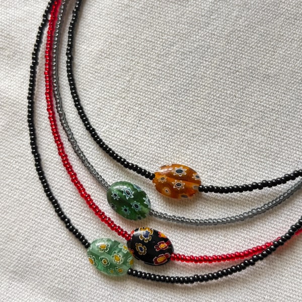 Millefiori Glass Pendant, Statement Necklace with Seed Beads