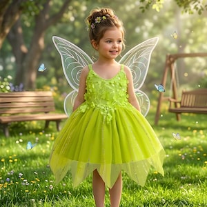 May include: A lime green sleeveless dress featuring a bodice adorned with small floral appliqués and a layered tulle skirt with vertical shimmering accents. The dress is paired with large, translucent, white fairy wings and a floral headpiece.