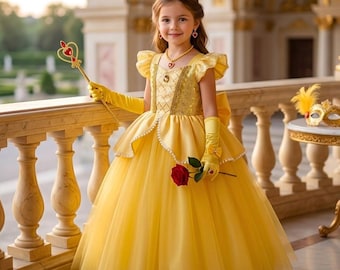 Girls Belle Princess Costume Beauty and the Beast Yellow Ball Gown Birthday Dress Up Outfit