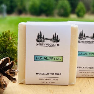 May include: Two bars of handcrafted soap with white labels. The labels read "NORTHWOODS CO." and "EUCALYPTUS." The soap is made in Wisconsin and weighs 4.5 oz. The background is a blurred green with a wooden surface.