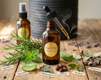 May include: Amber glass bottles with labels reading "Miyah's Magic" and "4 fl oz" are displayed with a dropper. Ingredients include rosemary oil, aloe vera oil, stinging nettle oil, jojoba oil, tea tree oil, and eucalyptus oil.