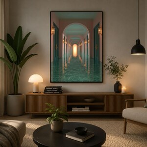 Puede incluir: Una impresión de arte mural rectangular que muestra un pasillo surrealista con puertas arqueadas y agua de color turquesa cubriendo el suelo. La perspectiva conduce a una luz brillante al final del pasillo, enmarcada por un borde negro fino.