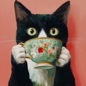 May include: A whimsical painting of a black and white cat holding a teal teacup. The teacup is decorated with floral patterns and gold trim. The cat has large yellow eyes and is set against a pink background.