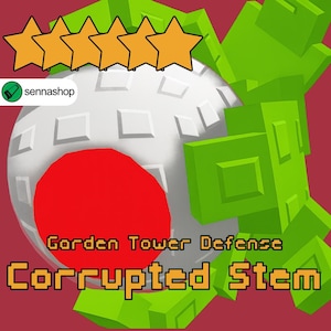 Puede incluir: Gráfico digital con una esfera blanca, un círculo rojo y formas geométricas verdes. El texto dice "Gorden Tower Defense" y "Corrupted Stem". La imagen también incluye estrellas naranjas y el logotipo "sennashop".