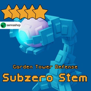 Puede incluir: Estructura geométrica azul con un orbe brillante y el texto "Gorden Tower Defense Subzero Stem" sobre un fondo azul. La imagen también incluye cuatro estrellas doradas y un logotipo.