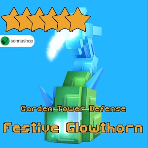 May include: A digital illustration of a green and blue structure with the text "Gorden Tower Defense" and "Festive Glowthorn". The image has a blue background and five orange stars at the top.