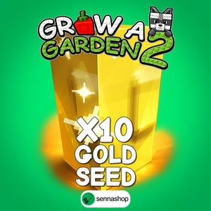 Op de afbeelding: Een digitale afbeelding voor Grow A Garden 2 met een heldergele, gefacetteerde, gloeiende kubus. De tekst luidt X10 GOLD SEED in witte letters. Een kleine wasbeer zit bovenop de groene tekst. Onderaan staat het logo van sennashop.