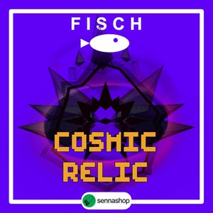 Könnte beinhalten: Ein lila quadratisches Grafikdesign mit weißen Rändern zeigt das Wort "FISCH" über einem weißen Fischsymbol. Darunter stehen die Worte "COSMIC RELIC" in orangefarbener Pixel-Schrift. Unten befindet sich ein grünes Logo mit Text.