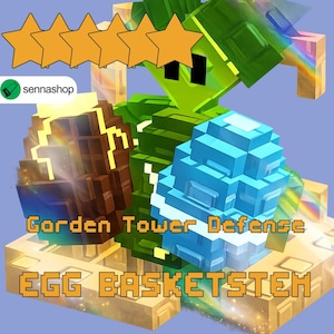 May include: A digital illustration of a green character with a blocky design, holding two pixelated eggs, one brown and one blue. The text "Garden Tower Defense" and "EGG BASKETSTEM" are displayed in a pixelated font. The image has a blue background.