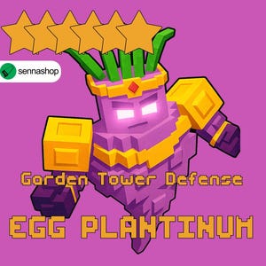 May include: A pixelated purple Egg Plantinum character with glowing eyes and a stern expression. The character is adorned with gold armor and a crown. The image includes the text "Garden Tower Defense" and "EGG PLANTINUM" on a purple background.