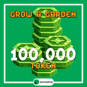 Puede incluir: Gráfico verde con el texto "GROW A GARDEN" en naranja y "100.000 TOKEN" en blanco y naranja. La imagen presenta pilas de monedas verdes octagonales con un diseño de estrella. El logotipo de sennashop está en la parte inferior.