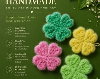 Esponjas de cocina de ganchillo hechas a mano con forma de trébol (juego de dos), colores aleatorios.