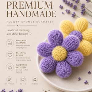 May include: A close-up of two flower-shaped sponge scrubbers. The scrubbers are purple with yellow centers. The image also includes text that reads "PREMIUM HANDMADE FLOWER SPONGE SCRUBBER" and "Spark Sponge".
