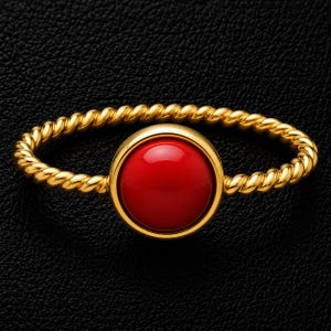 May include: A gold ring featuring a twisted rope-style band and a single, smooth, circular red stone set in a polished gold bezel. The ring is centered, showcasing the contrast between the vibrant red gemstone and the metallic gold finish.