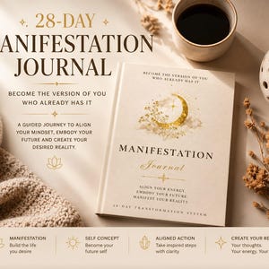 Puede incluir: Un diario de manifestación de 28 días en color beige con detalles en lámina dorada, con un gráfico de luna creciente y flores. El texto de la portada dice: Become the version of you who already has it, Manifestation Journal, Align your energy, embody your future, manifest your reality y 28-Day Transformation System.
