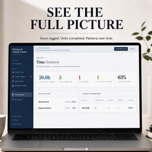 May include: A laptop screen displays a "Visitation & Custody Tracker" interface. The screen shows a "Time Summary" with data on hours logged, visits completed, and a completion rate. The text "SEE THE FULL PICTURE" is at the top.