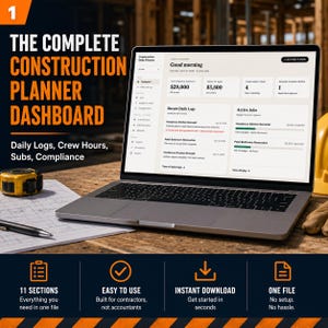 May include: A laptop screen showing a construction planner dashboard with financial data and project details. The screen displays daily logs, active jobs, and compliance information. The image also includes a tape measure, pen, and the text "THE COMPLETE CONSTRUCTION PLANNER DASHBOARD."