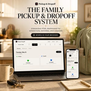 May include: A laptop and smartphone showing the "Pickup & Dropoff" system interface. The screen displays a calendar view with pickup and dropoff options. A mug, keys, a notebook, and a backpack are also visible.