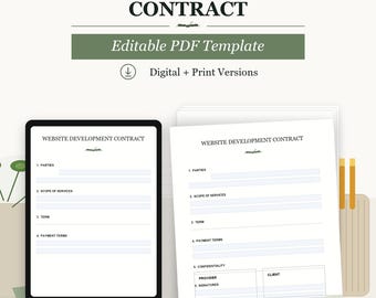 Website-entwicklungsvertrag Vorlage | Bearbeitbares PDF Webdesign-Vereinbarung | Ausfüllbarer Kundenvertrag