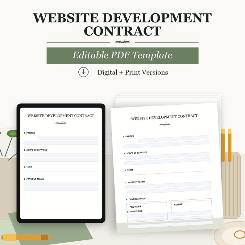 May include: A digital and print website development contract template. The document includes sections for parties, scope of services, term, payment terms, confidentiality, and signatures. The template is available in editable PDF format.