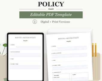 Vorlage für Rückerstattungsrichtlinien für kleine Unternehmen | Bearbeitbares PDF-Rücksendeformular (digitaler Download)