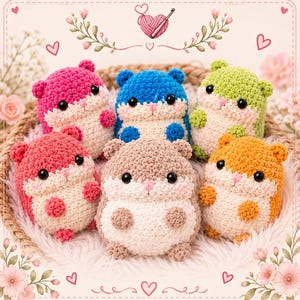 May include: Five small, round, crocheted hamster plushies in bright pink, blue, light green, coral, and tan. Each plush features a cream-colored belly, small ears, black bead eyes, and a tiny pink stitched nose, arranged in a woven basket.