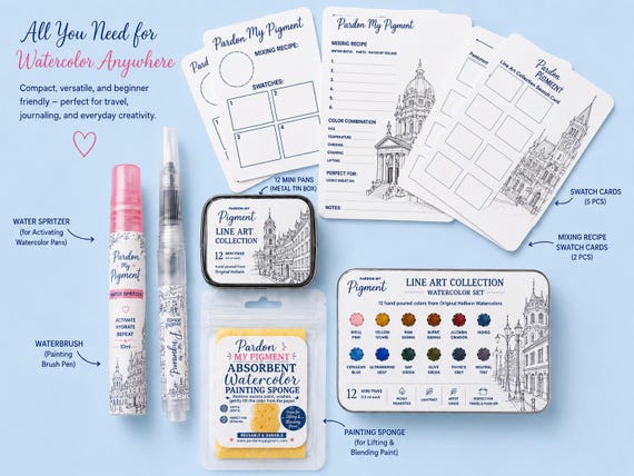 Line Art Watercolor Painting Kit | Holbein Watercolors, Cotton Paper Pages