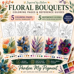 Botanical Floral Bouquets Coloring Pages | Watercolor Reference Guides (Digital Download)