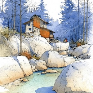 May include: A watercolor painting of a rustic wooden cabin with orange and white walls perched on a large rocky outcrop. A clear stream flows through the foreground among light gray boulders, surrounded by tall blue-toned pine trees.