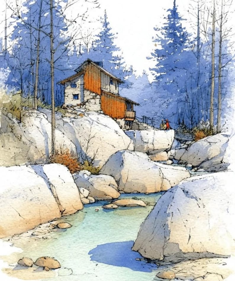 May include: A watercolor painting of a rustic wooden cabin with orange and white walls perched on a large rocky outcrop. A clear stream flows through the foreground among light gray boulders, surrounded by tall blue-toned pine trees.