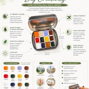 May include: A set of 12 hand-poured watercolor mini pans in a metal tin. The tin measures 8.3 cm by 6.3 cm. The set includes colors like orange, buff, lilac, burnt umber, scarlet, deep green, yellow ochre, sepia, titanium white, indigo, raw sienna, and sap green.