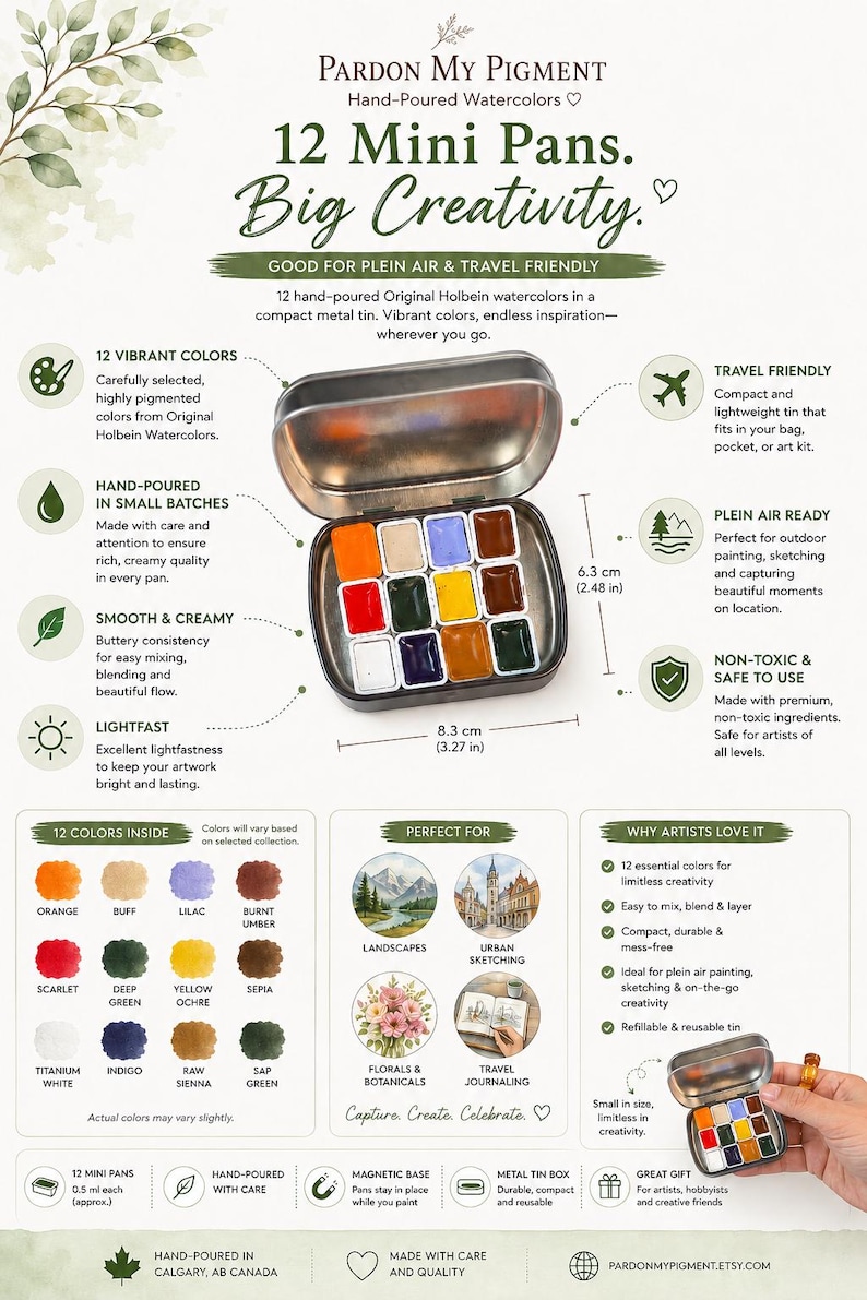 May include: A set of 12 hand-poured watercolor mini pans in a metal tin. The tin measures 8.3 cm by 6.3 cm. The set includes colors like orange, buff, lilac, burnt umber, scarlet, deep green, yellow ochre, sepia, titanium white, indigo, raw sienna, and sap green.