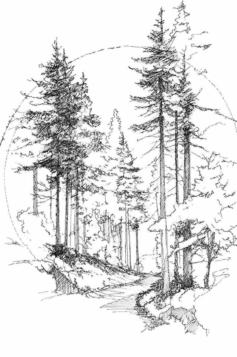 May include: A black and white ink drawing of a forest scene featuring tall pine trees and a winding path. The illustration is contained within a circular outline, showcasing detailed cross-hatching and line work to depict the texture of the trees.