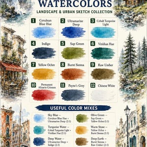 May include: A chart titled Pardon My Pigment featuring 12 essential Holbein watercolors for landscape and urban sketching. It displays numbered color swatches from Cerulean Blue Hue to Chinese White, alongside a section for useful color mixes.