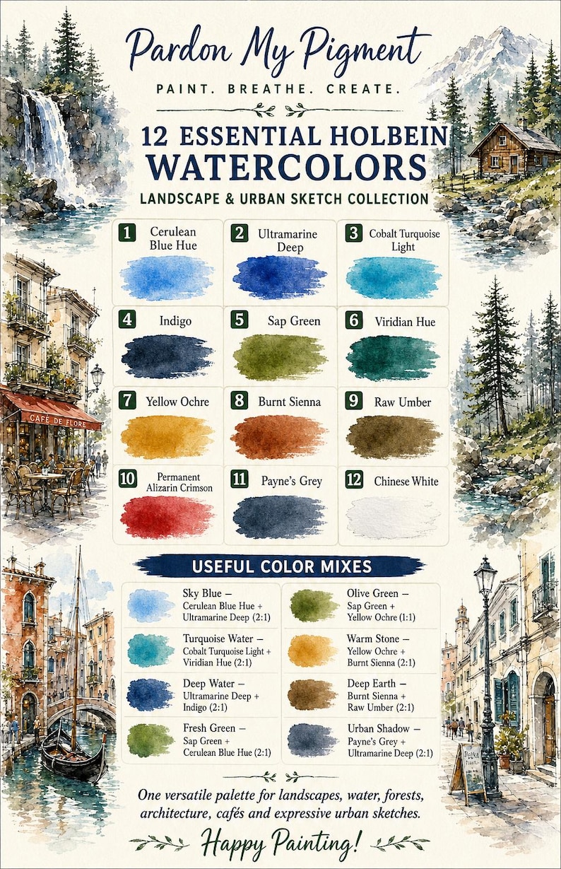 May include: A chart titled Pardon My Pigment featuring 12 essential Holbein watercolors for landscape and urban sketching. It displays numbered color swatches from Cerulean Blue Hue to Chinese White, alongside a section for useful color mixes.
