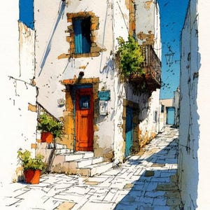 May include: A watercolor illustration of a narrow cobblestone alleyway featuring white stone buildings with weathered textures. A bright red door stands at the entrance, complemented by a blue window shutter, green potted plants, and a balcony.