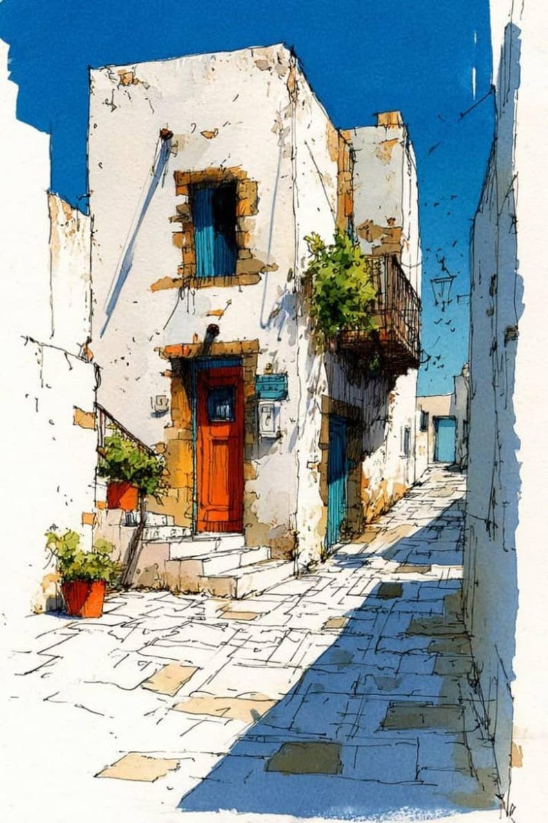 May include: A watercolor illustration of a narrow cobblestone alleyway featuring white stone buildings with weathered textures. A bright red door stands at the entrance, complemented by a blue window shutter, green potted plants, and a balcony.
