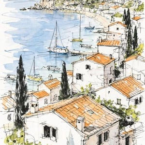 May include: A watercolor and ink sketch of a coastal village featuring white houses with orange tiled roofs, tall dark green cypress trees, and a blue bay filled with sailboats and small boats under a clear sky, signed by the artist.