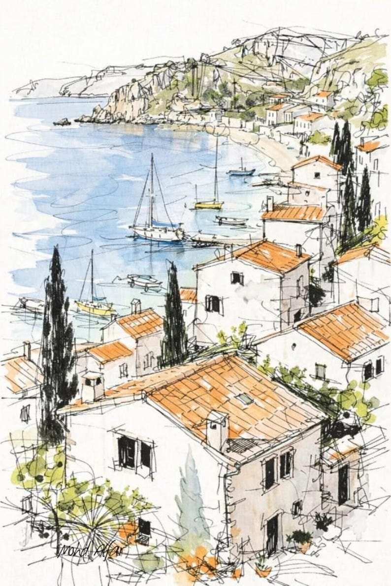May include: A watercolor and ink sketch of a coastal village featuring white houses with orange tiled roofs, tall dark green cypress trees, and a blue bay filled with sailboats and small boats under a clear sky, signed by the artist.