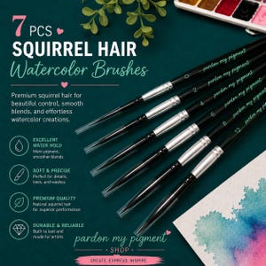 May include: A set of 7 squirrel hair watercolor brushes with black handles, silver ferrules, and clear protective caps. The brushes are labeled with the brand name 'pardon my pigment' and sizes 0, 2, 4, 6, 8, and 12. Text on the image includes '7 PCS SQUIRREL HAIR Watercolor Brushes' and 'pardon my pigment SHOP'.