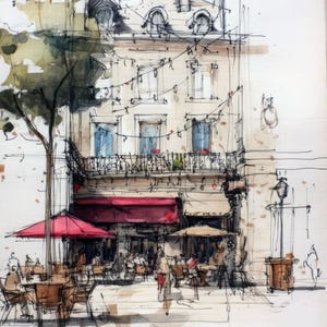 May include: An ink and watercolor sketch of a multi-story building with a cafe on the ground floor. The scene features a red awning, outdoor tables with chairs, a large tree on the left, and string lights hanging across the facade of the building.