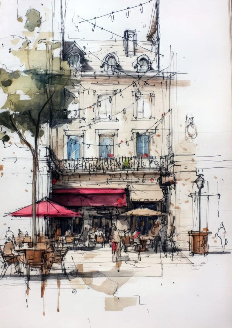 May include: An ink and watercolor sketch of a multi-story building with a cafe on the ground floor. The scene features a red awning, outdoor tables with chairs, a large tree on the left, and string lights hanging across the facade of the building.